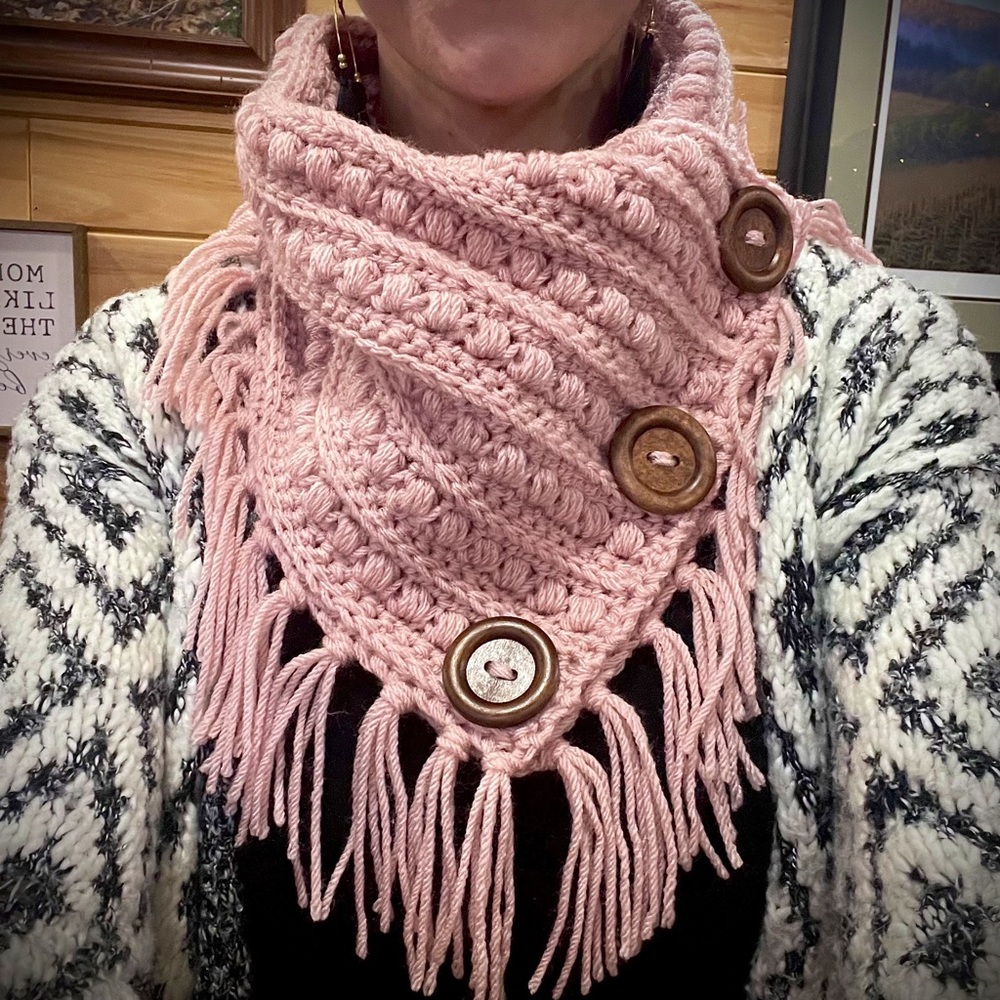 NEW HANDMADE Pink Crochet/knit Bella Cowl, wooden Buttons, western Fringe